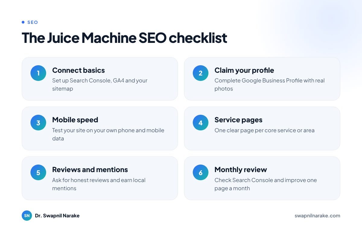 Infographic of the Juice Machine checklist: six starter SEO steps for small businesses